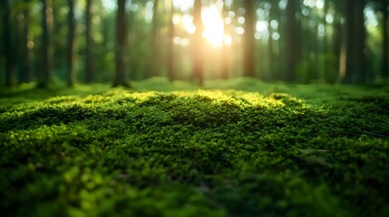 Wall Mural - A lush green field with a bright sun shining through the trees