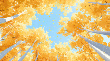 Wall Mural - Wide-angle view of golden aspen grove canopy in autumn. Golden Grove. Illustration