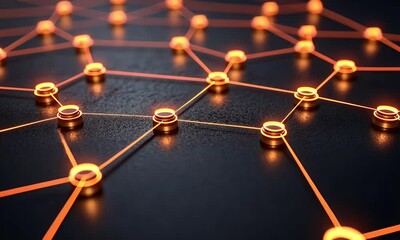Fototapete - Glowing Network Nodes Connected, Abstract Dark Background