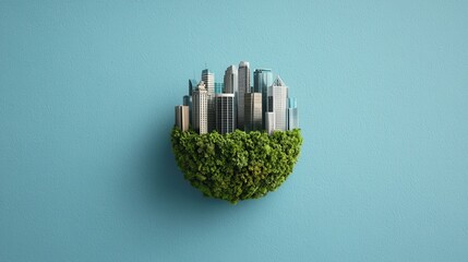 Poster - A miniature cityscape surrounded by lush green foliage, symbolizing the harmony between urban development and nature.