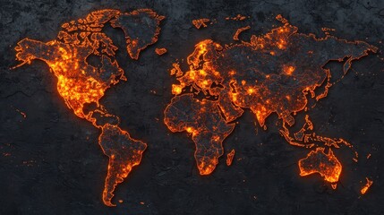 Poster - A fiery, illuminated world map showcasing glowing cities against a dark background, symbolizing global connections and energy.