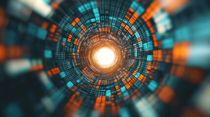 Poster - A visually striking abstract tunnel of vibrant blue and orange pixels, converging towards a bright center, evoking a sense of depth and digital exploration.