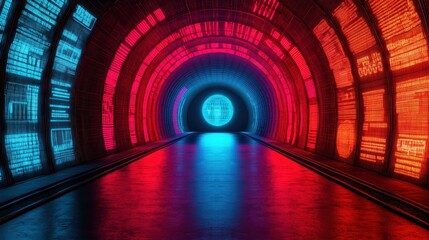 Poster - A colorful, futuristic tunnel illuminated by vibrant blue and red lights, leading to a bright circular endpoint.