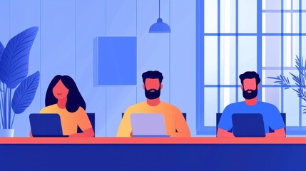 Poster - A vibrant illustration of three diverse individuals working on laptops in a modern, stylish office space with large windows and greenery.