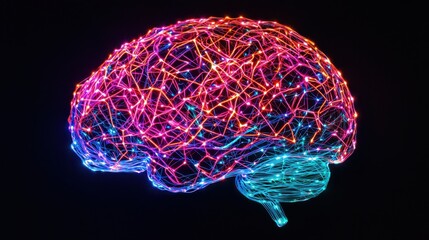 Poster - A vibrant, illuminated brain made of interconnected lines, showcasing neural networks and creativity in a striking, colorful design.