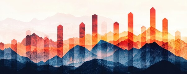 Poster - A vibrant abstract landscape featuring layered mountains and tall geometric shapes in warm hues of red, orange, and blue.