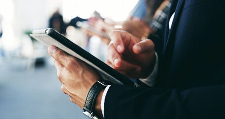 Aufkleber - Hands, tablet and business man closeup in office for email or trading app in line at crypto convention. Digital technology, corporate and worker on internet for finance, investment update or schedule