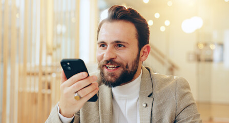 Poster - Office, communication and businessman with speaker for phone call, thinking and schedule with contact. Planning, employee and consultant with mobile for conversation, recording and app for voice note