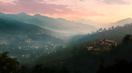 Wall Mural - aerial view of dharamshala at sunset over hills and mountains