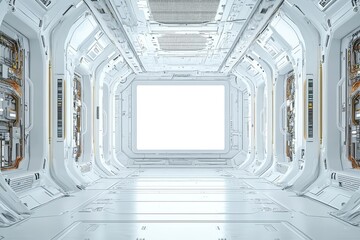 Wall Mural - Futuristic white space station interior with empty virtual screen, LED lights, and circuit board ceiling. Illustration style with minimalist design and advanced technology concept.