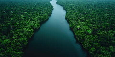 Wall Mural - Aerial View of Lush Amazon Rainforest with Meandering River Surrounded by Dense Greenery Showcasing Natural Beauty Biodiversity and Environmental Tranquility