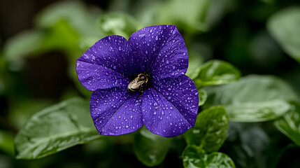 Poster - Violet Flower with Raindrops and Insect on Green Leaf Background for Nature Lovers