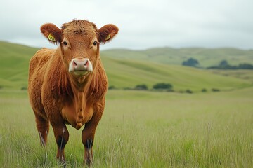 Healthy cow standing in a green field with hills in the background