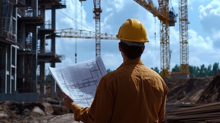 Poster - Back view of an engineer holding blueprints at a construction site with cranes in the background