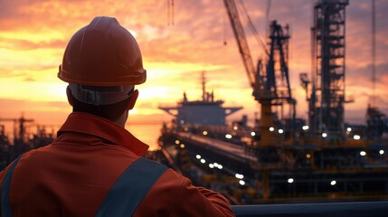 Aufkleber - Back view of an engineer monitoring the alignment of ship cranes at a shipyard