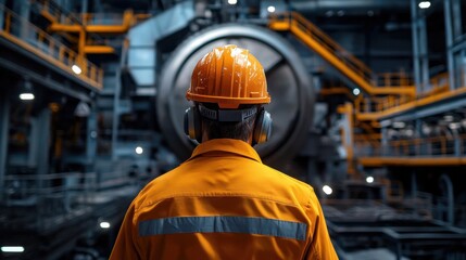 Poster - Back view of an engineer monitoring the progress of an automated rock crusher in a mining facility