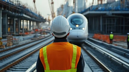 Poster - Back view of an engineer observing a high-speed train being tested on a newly constructed rail track