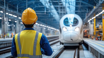 Poster - Back view of an engineer observing a high-speed train being tested on a newly constructed rail track