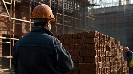 Poster - Back view of an engineer observing a team laying bricks for a building wall