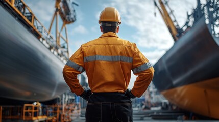 Aufkleber - Back view of an engineer observing the welding of steel plates for a ship hull