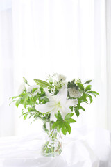 Wall Mural - bouquet of white flowers in a glass vase in a room, sunny day  