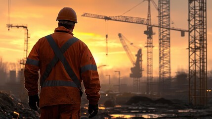 Aufkleber - Back view of an engineer walking through a construction zone with cranes towering in the background