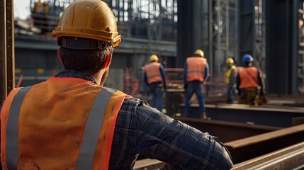 Poster - Building construction engineer back view directing a team of workers installing steel beams