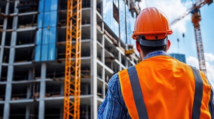 Poster - Building construction engineer back view observing workers installing glass windows on the building
