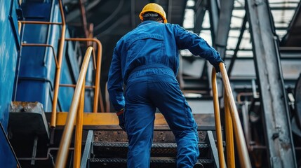 Aufkleber - Engineer worker back view climbing stairs onto a locomotive for inspection