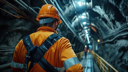 Poster - Engineer worker back view descending into an underground mine via a service elevator