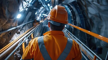Poster - Engineer worker back view descending into an underground mine via a service elevator