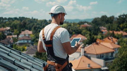 Aufkleber - Engineer worker back view holding a tablet, observing roofing work on a residential building project