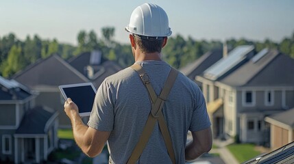 Aufkleber - Engineer worker back view holding a tablet, observing roofing work on a residential building project
