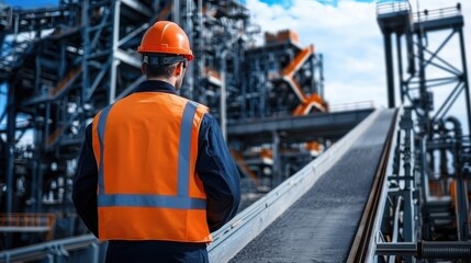 Poster - Engineer worker back view inspecting a conveyor belt moving minerals to a processing unit