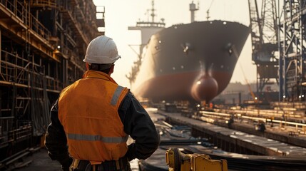 Poster - Engineer worker back view inspecting a dry dock with a large ship in the background
