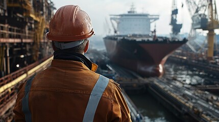 Poster - Engineer worker back view inspecting a dry dock with a large ship in the background