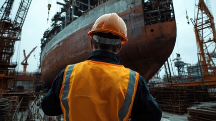 Poster - Engineer worker back view inspecting the hull of a large ship under construction