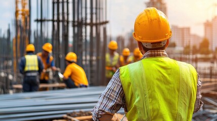 Poster - Engineer worker back view observing a team of welders working on steel reinforcements