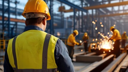 Poster - Engineer worker back view observing a team of welders working on steel reinforcements