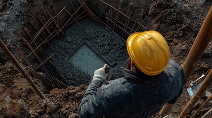 Poster - Engineer worker back view observing a concrete pouring operation for a building foundation