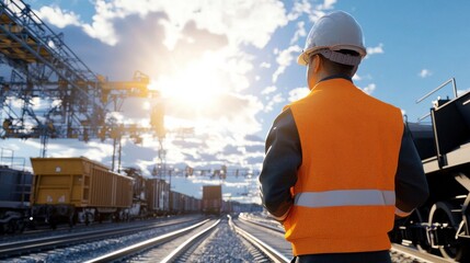 Poster - Engineer worker back view observing freight cars being loaded at a rail yard under bright sunlight