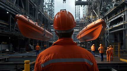 Aufkleber - Engineer worker back view observing workers installing lifeboats on a ship