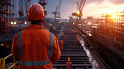 Poster - Engineer worker back view observing workers assembling ship sections in a dry dock