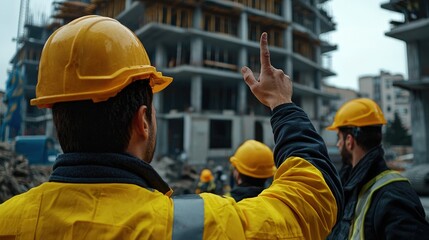 Poster - Engineer worker back view pointing at a building blueprint while talking to construction workers