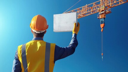 Poster - Engineer worker back view standing near a crane operator, signaling the placement of concrete slabs