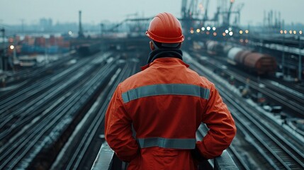 Aufkleber - Engineer worker back view standing on a railway bridge, looking at the tracks below