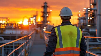 Aufkleber - Engineer worker back view walking across an industrial site during sunset, with orange skies