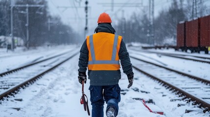 Aufkleber - Engineer worker back view walking along a snow-covered railway track during winter inspections