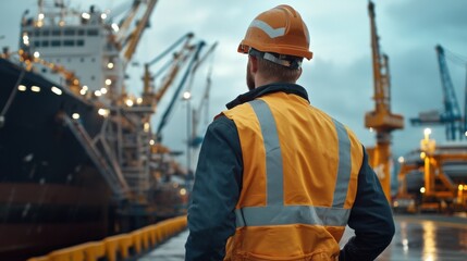 Poster - Engineer worker back view walking near a ship launch area, observing preparations