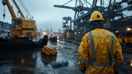Aufkleber - Engineer worker back view walking through a dockyard with heavy machinery operating nearby